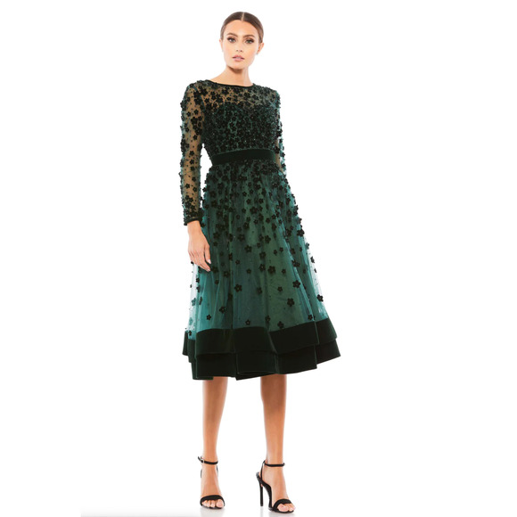 Mac Duggal 67007 Embellished Illusion High Neck Velvet Floral Dress 4 Emerald - Picture 1 of 7